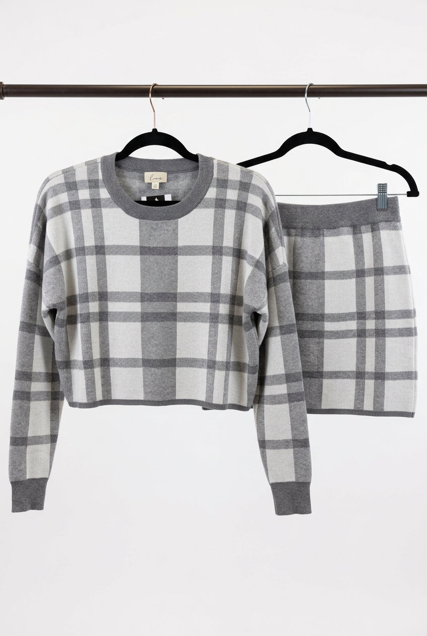 Gray & Ivory Plaid Sweater and Skirt Set