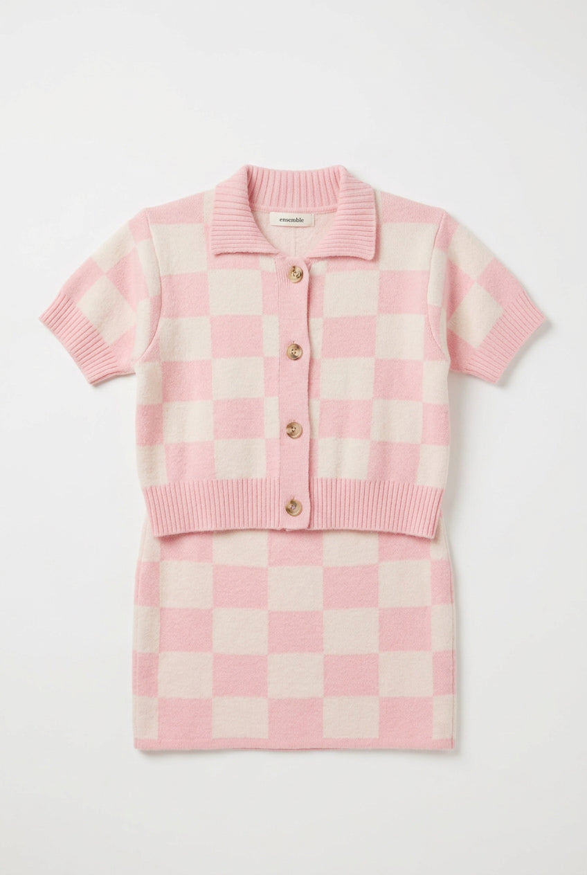 Pink & Ivory Checkerboard Cardigan and Skirt Set