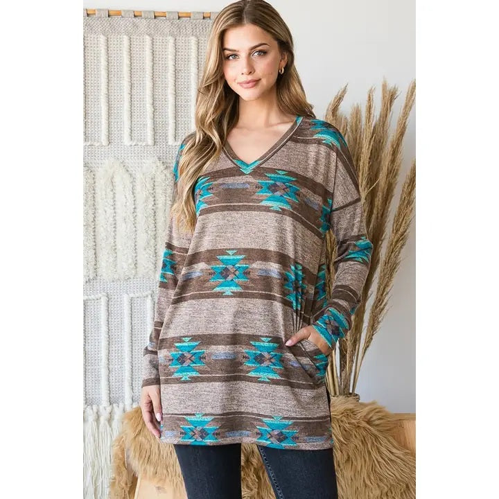 Plus Size Aztec Print V-Neck Tunic with Pockets