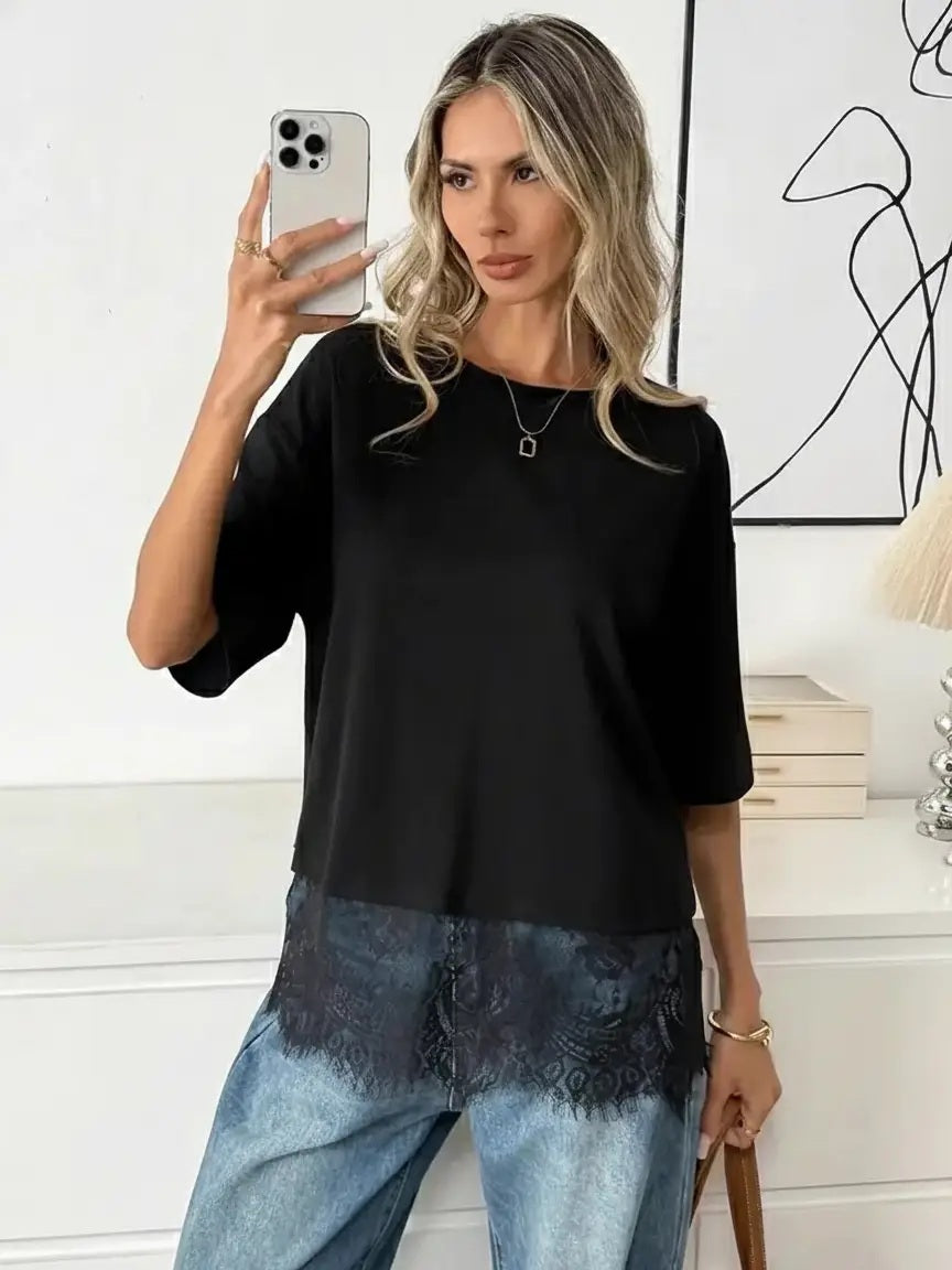 Black relaxed fit top with lace-trim bottom