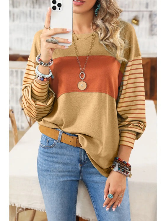 Colorblock Striped Bishop Sleeve Top
