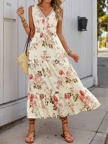 Floral V-Neck Sleeveless Maxi Dress with Tie Waist