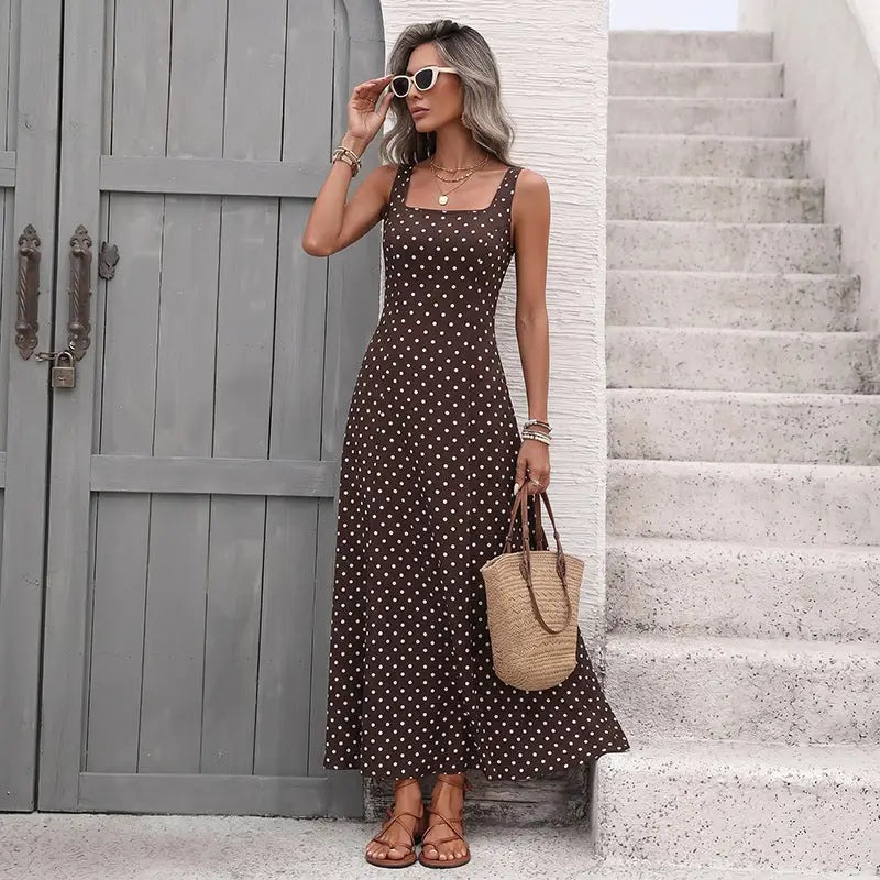 Brown Polka Dot Square Neck Sleeveless Maxi Dress